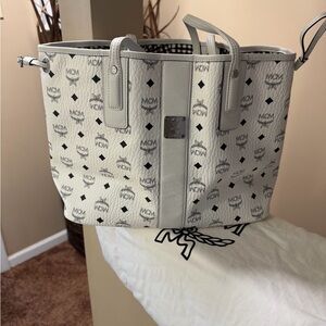 MCM Ivory and Black Logo Tote
